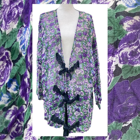 Vintage 90s Alexander Brown Floral Sheer Cardigan Lace Tie Rayon Purple Green XL - Picture 1 of 8